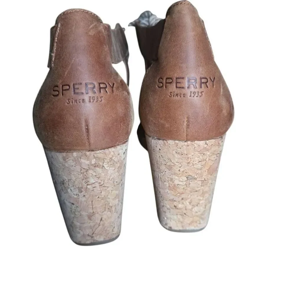 Sperry Women's Size 6.5 Tan Leather Cork Rope Tie Wedges